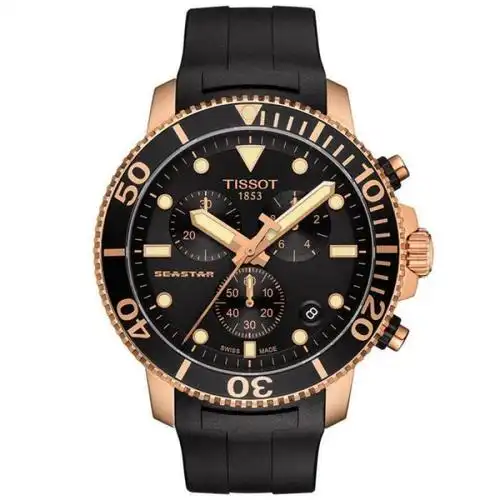 天梭(tissot)男士手表瑞士石英机芯黑色橡胶表带多功能日期表盘45.