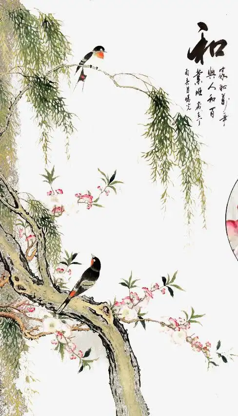 柳树桃花迎春图