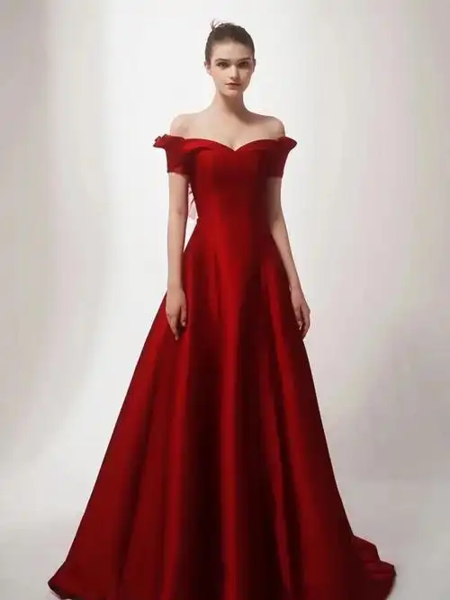 高端一字肩红色晚礼服2021简约大气显瘦新娘敬酒晚宴婚礼演出长裙