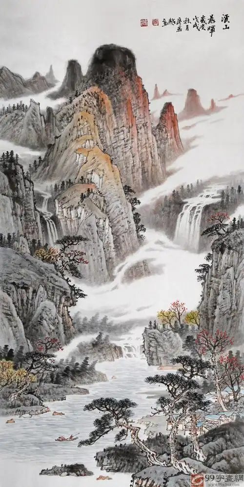 廖崧越 四尺写意山水画《溪山晨晖》 - 写意山水画 - 99字画网