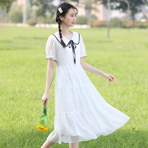 弧倩青年女孩连衣裙高中生初中生夏季学生大童少女夏装白色雪纺长裙女
