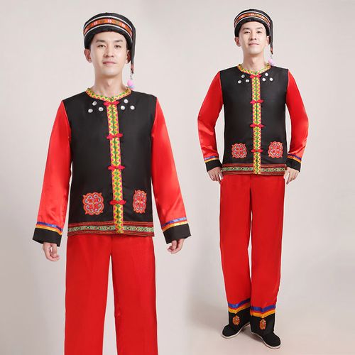 款少数民族舞蹈服土家族瑶族表演服成人儿童服装 男款红色袖(带头饰)