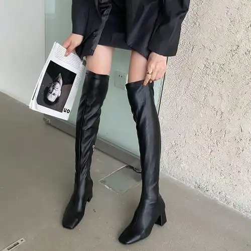 韩国米白色春秋长靴女过膝软皮靴子女高跟2020新款方头粗跟瘦瘦靴