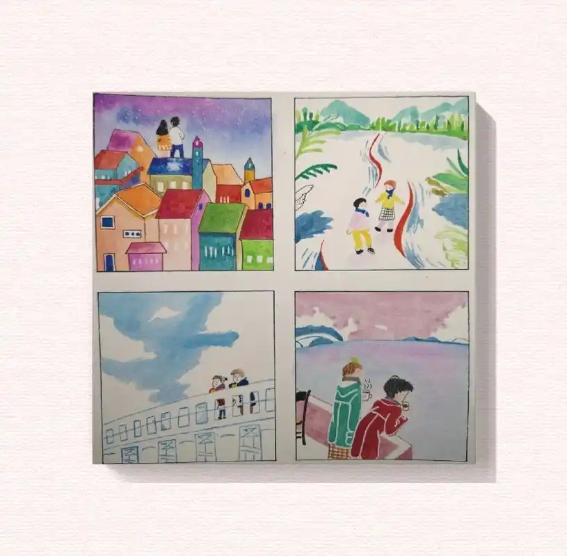 四副不同的照片 感觉画一张太大了 就分成四宫格画了