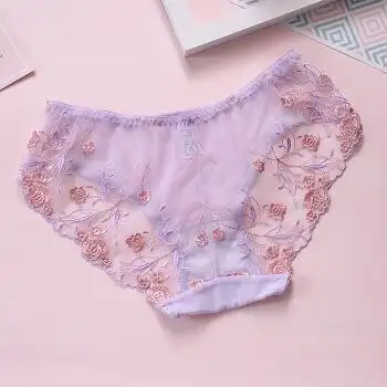 无痕刺绣蕾丝性感裤头 冰丝低腰包臀网纱透明日系女士三角内裤女 烟