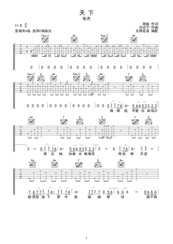 张杰 天下 吉他谱 c调指法e调六线吉他谱-虫虫吉他谱免费下载