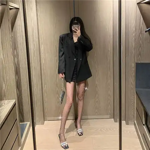 黑丝鱼网袜渔网袜带钻亮钻性感连裤袜烫钻网红薄水
