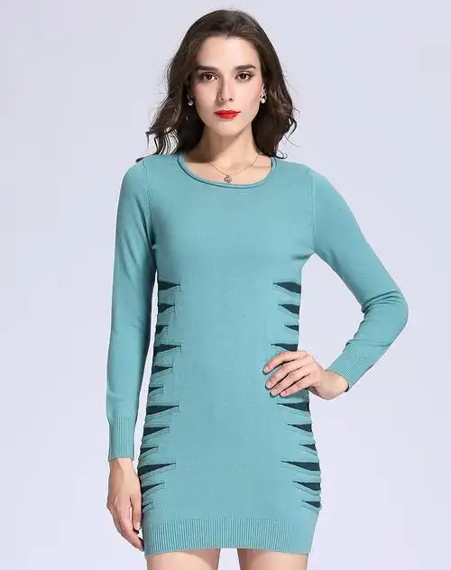 超细美丽诺羊毛湖兰色长款拼色圆领套衫