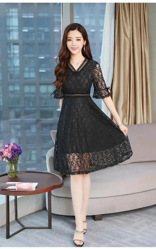 蕾丝裙子女连衣裙夏季 女装气质淑女v领修身a字中长款仙女裙韩版