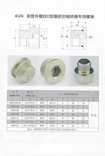 4gn-20 g1-1/4 内六角密封堵头破碎锤专用堵头 英管外螺纹60度