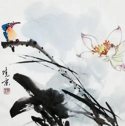 郑晓京花鸟画小品《白荷翠鸟》