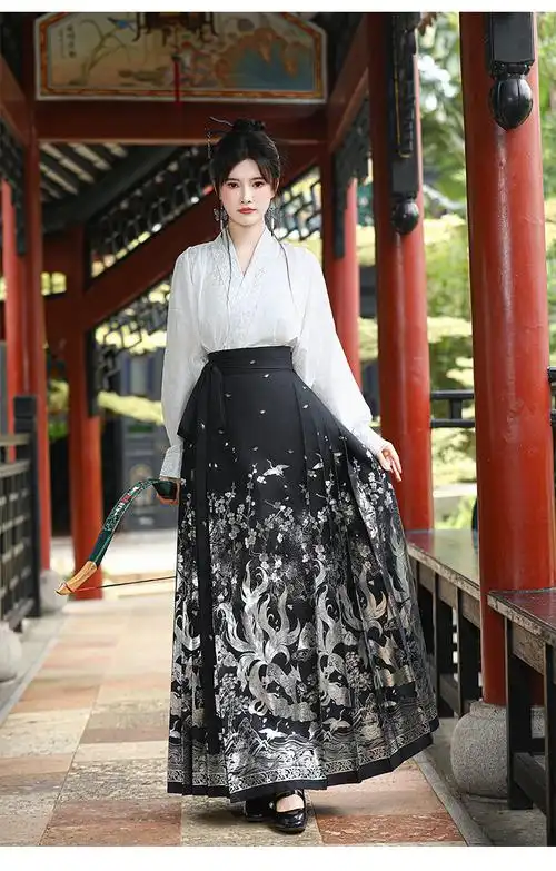 **实拍新中式女装汉服国风提花面料刺绣飞机袖上衣烫金马面裙 - 17网