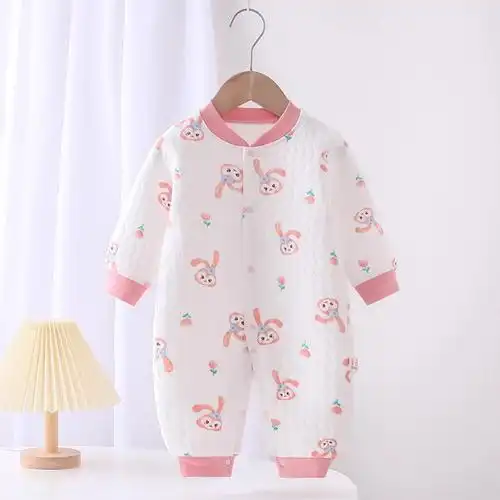 婴儿保暖连体衣纯棉内衣新生儿衣服夹棉秋冬宝宝爬服三层棉连身衣 -