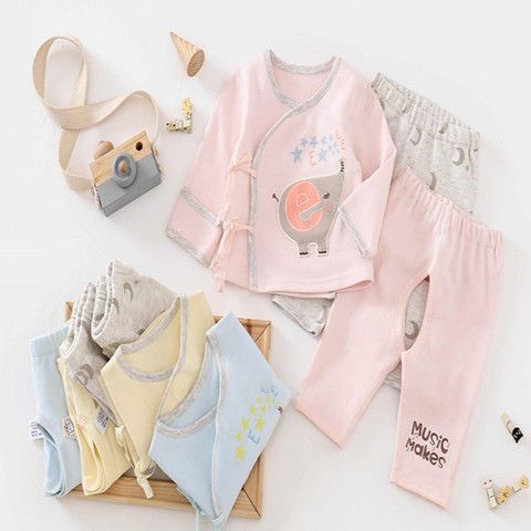 贝欧拉刚出生新生儿宝宝全棉三件套系带子小象套装薄款0-3-6个月