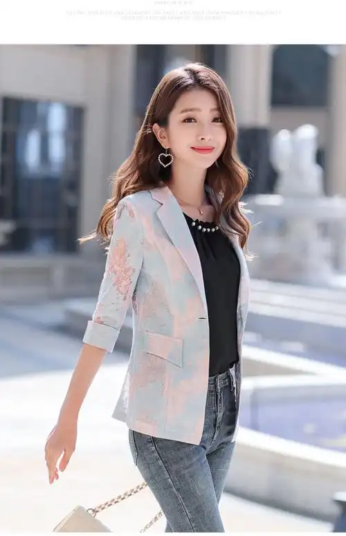 小西装春夏女中袖蕾丝印花外套2021新款韩版时尚洋气休闲百搭西服上衣