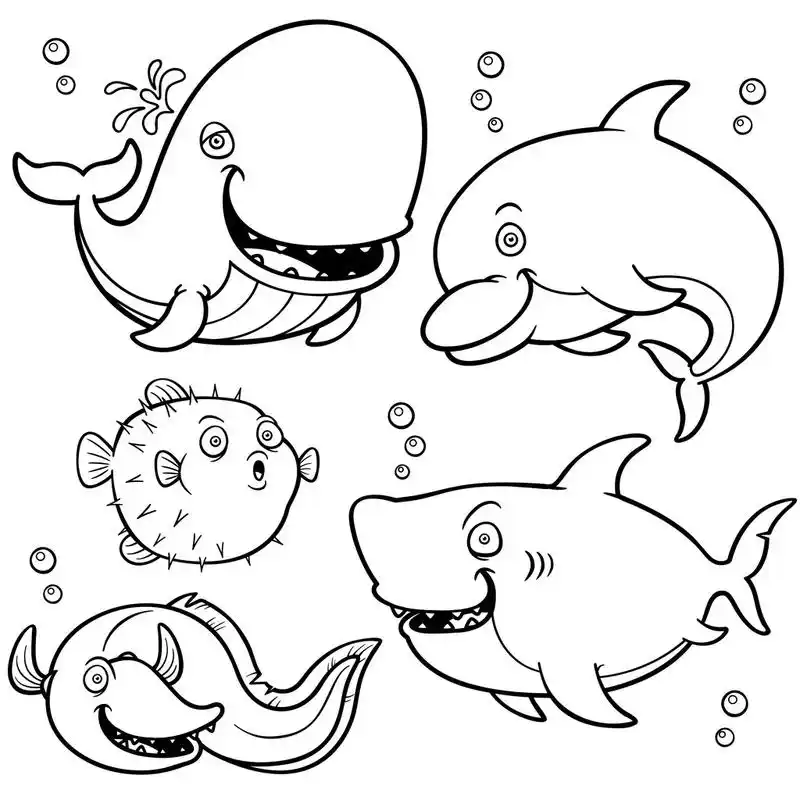 海洋动物,海洋动物集合-着色书矢量图