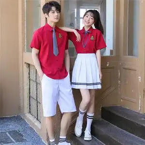 中学生校服夏季班服高中生毕业班酒红色短袖衬衫男生女生短裙套装