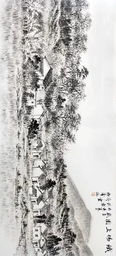 记为显古旧之韵,余匀取用水墨形式流动之线条更能表现房屋结构特点矣