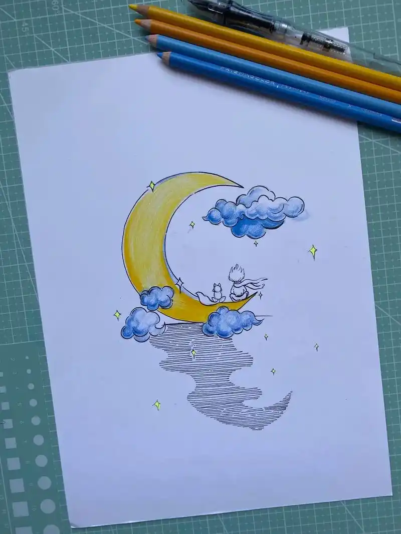 小王子和小狐狸.#简笔画 #绘画过程 #治愈系 #彩铅画 - 抖音