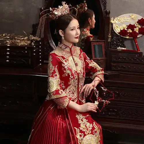 秀禾2021新款结婚显瘦出嫁新娘中式婚纱凤冠霞帔旗袍