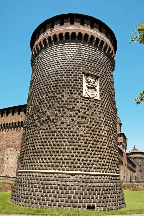 斯福尔扎城堡,米兰,特写,一个,圆柱形,塔,市区,城堡