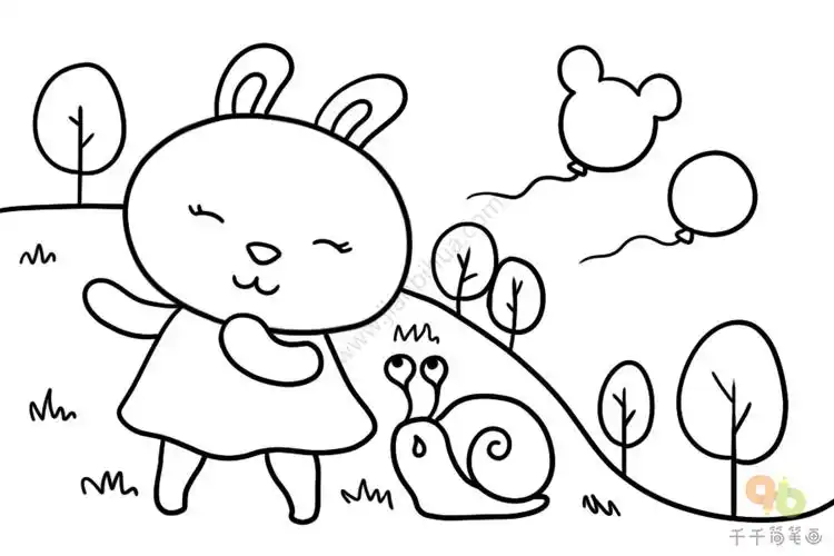小兔子和蜗牛去踏青简笔画 感受春天的气息_情景动物简笔画