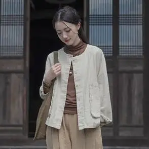 棉麻女装宽松百搭外套2024春季苎麻砂洗文艺上衣开衫长袖新品女式