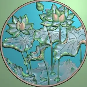 雕刻素材精雕图75354新款圆形荷花荷叶圆盘柜门板圆屏风浮雕图纸