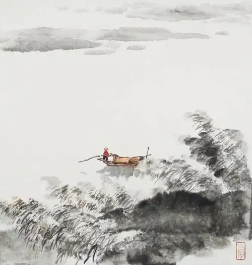 国画留白的特征在这里体现出来,这正是:苇荡轻舟,江阔天高,好一个休闲