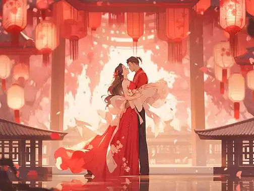 卡通水彩手绘古风情侣中式汉服结婚甜蜜互动人物插画