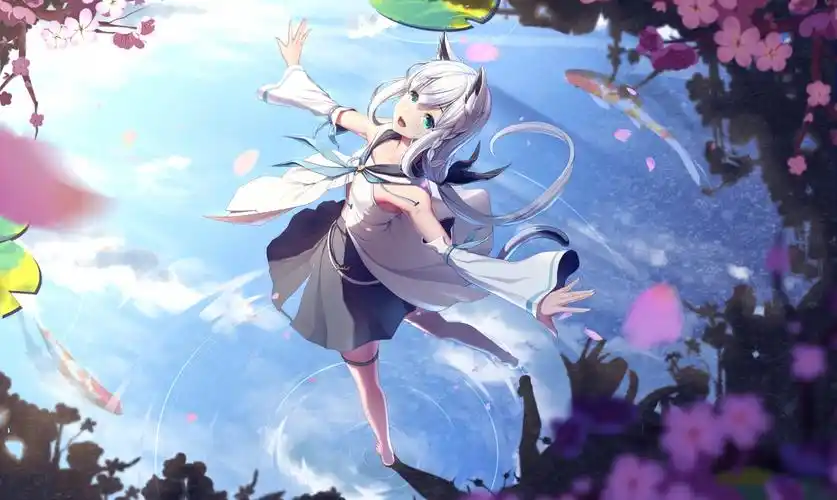 旋转狐白上吹雪樱花可爱女生水中舞蹈鱼高清动漫壁纸大图