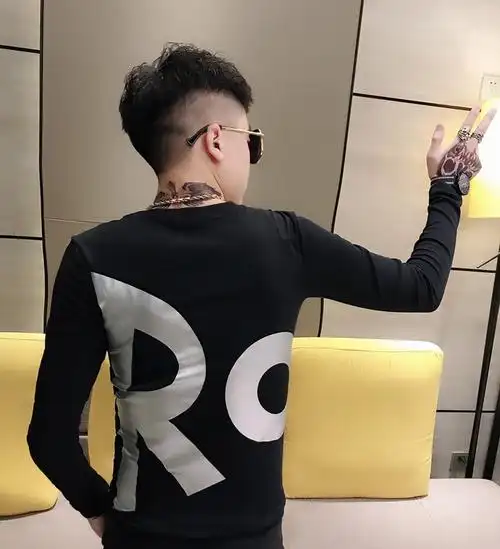 社会小伙潮流男士印花长袖t恤2019秋季帅气时尚韩版修身打底衫