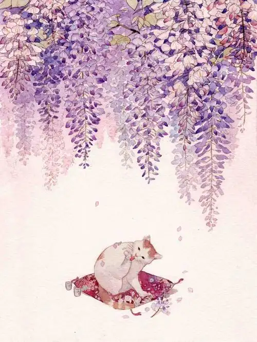 紫藤-sherlock木南_水彩 花 紫藤 猫 原创 清新_涂鸦王国插画