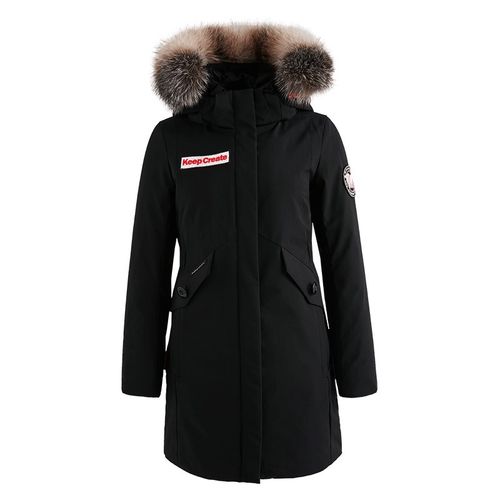 雪伦鹅绒羽绒服女款中长款毛领可拆卸派克服秋冬外套女 20525 摩登黑