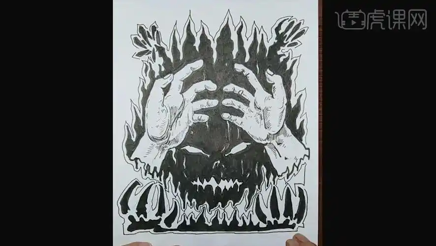 用针管笔手绘地狱魔卷黑白插图