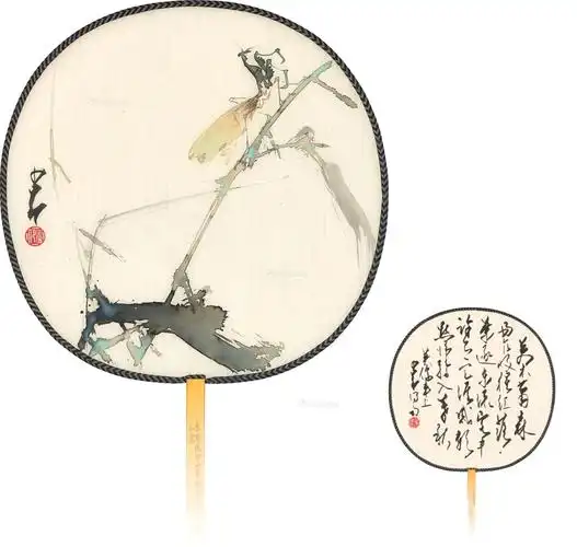 1204螳螂疏竹行书七绝团扇设色水墨绢本