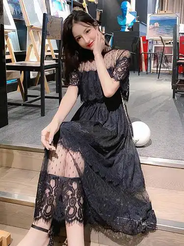 连衣裙子夏款网纱女装春装2020款女雪纺女森系甜美蕾丝潮