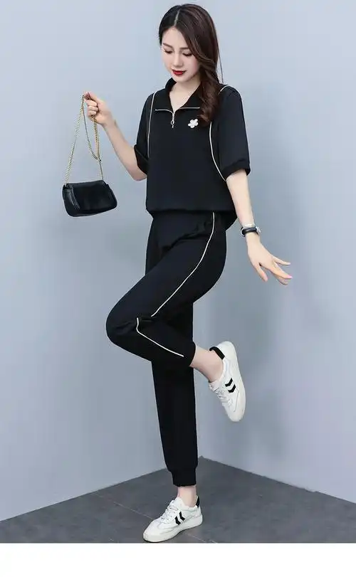 休闲运动套装女夏季2022年新款时尚醋酸连帽显瘦冰丝欧货两件套潮黑色