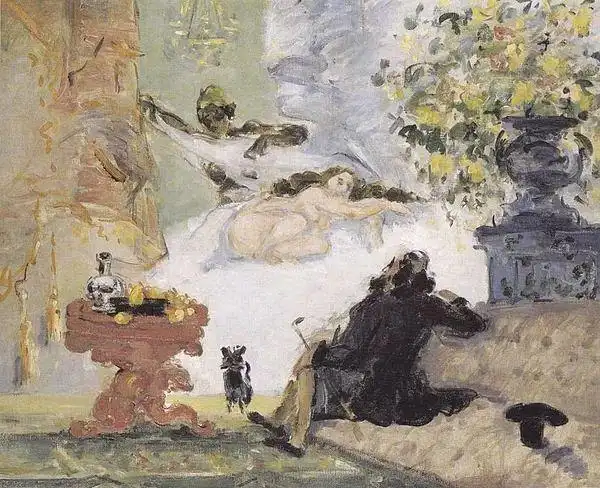 塞尚在不断尝试怪诞构图的作品,用十分突然的厚笔触涂出病态的蓝和