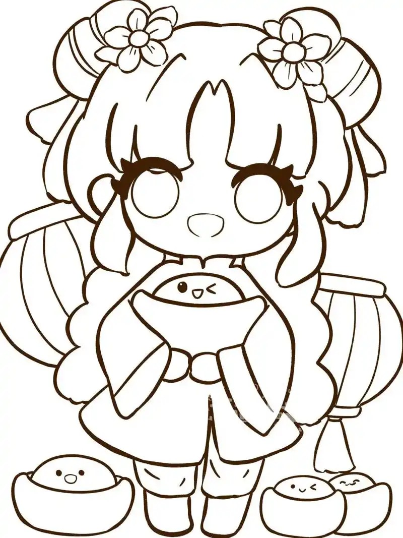 旗袍 手捧金元宝,给大家送上元旦的祝福93 	 #卡通简笔画#  #q版