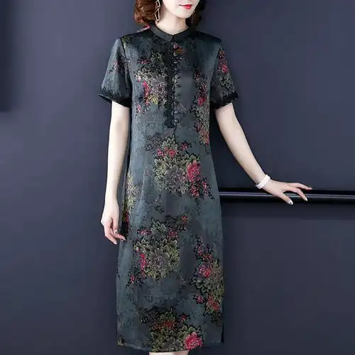 莨绸香云纱真丝连衣裙女中长款高贵复古典雅中老年阔太太桑蚕丝裙