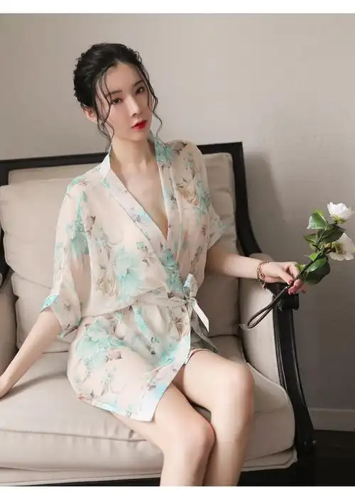 性感睡衣女透明睡袍情趣内衣诱惑火辣薄款开衫碎花雪纺睡裙家居服