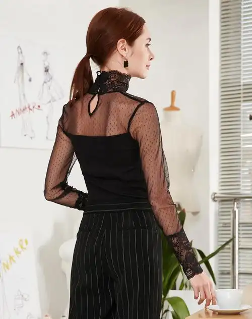 蕾丝镂空袖口性感薄纱透视上衣打底衫女