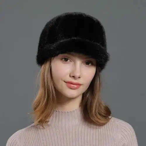 新款水貂毛帽子秋冬天女士加厚保暖貂皮帽子骑士帽冬季皮草鸭舌帽