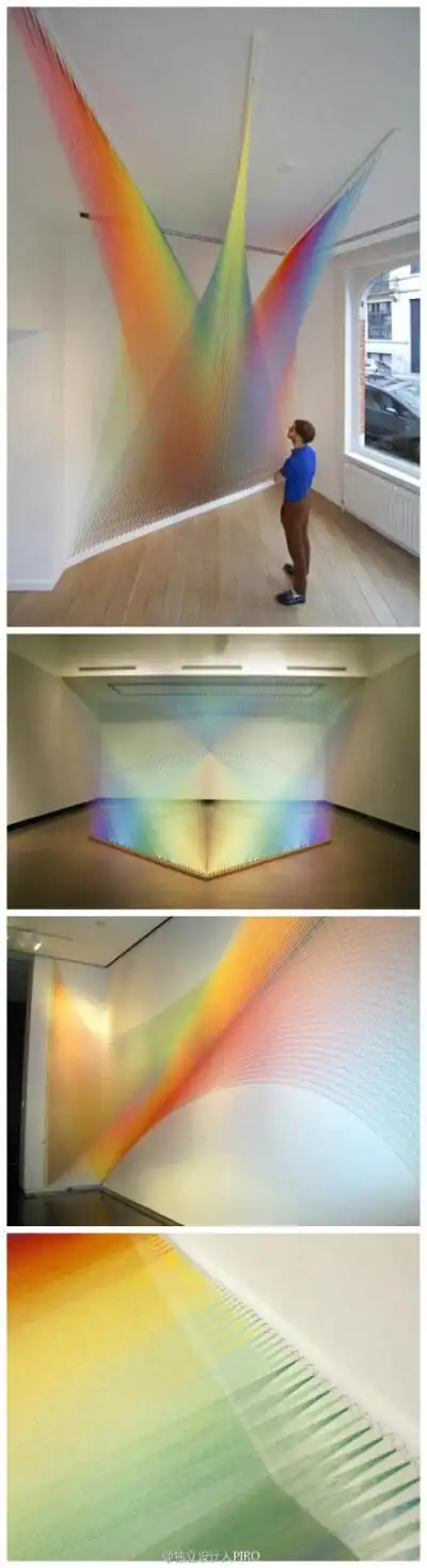 dawe用彩色丝线做成了彩虹装置,将变幻不定的自然景观移植到了室内