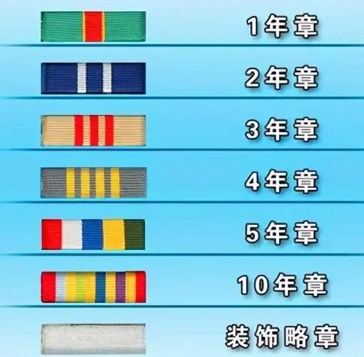 07式军服新增了级别资历章,分三部分组成:级别略章,军龄略章,装饰略章