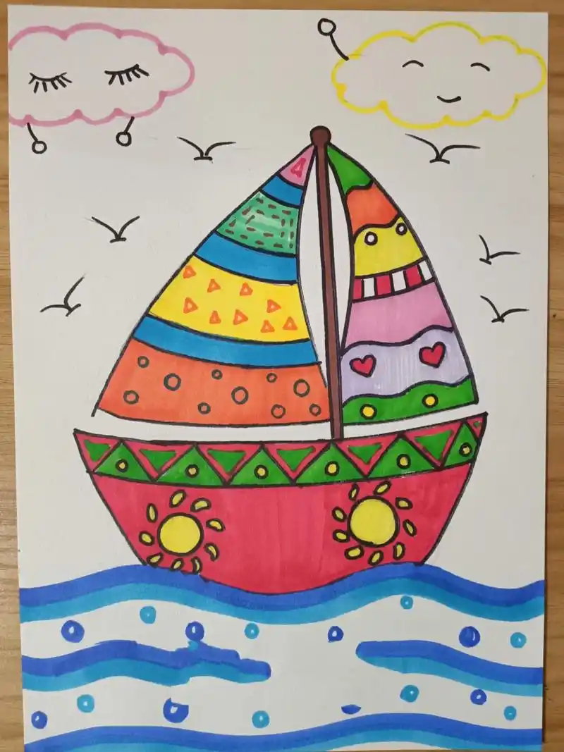 儿童创意画简笔画海上帆船海上行驶海上工具 创意帆船,运用点线面装饰