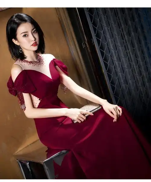 bmlc气质名媛礼服女长裙宴会晚装礼伴娘服酒红色修身显瘦晚礼服裙贵