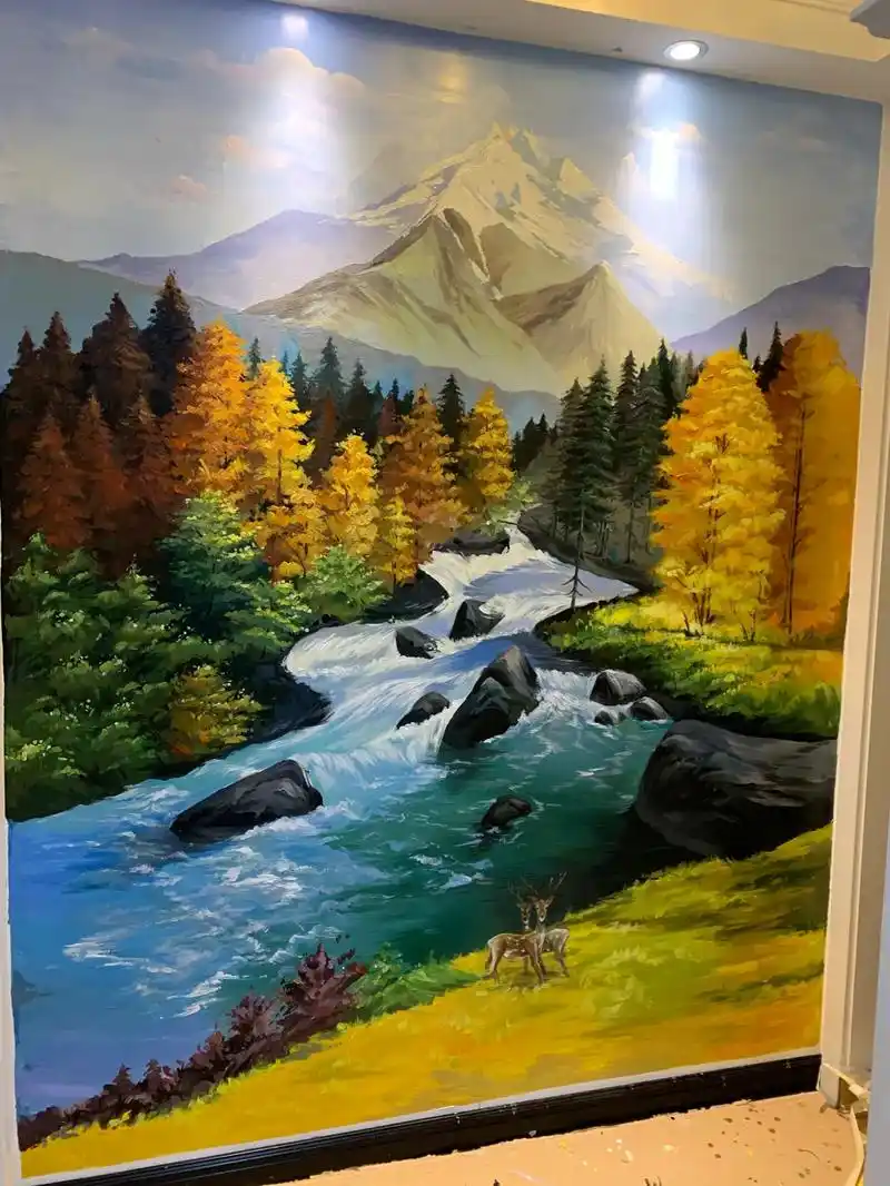 家装玄关墙绘壁画山水作品高山流水图