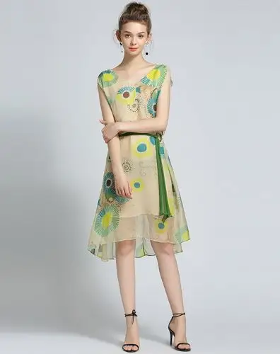 真丝v领印花连衣裙